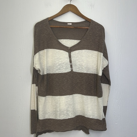 Free People Beach - Linen Blend Brown And White Striped Long Sleeve Sweater SM - Picture 7 of 10